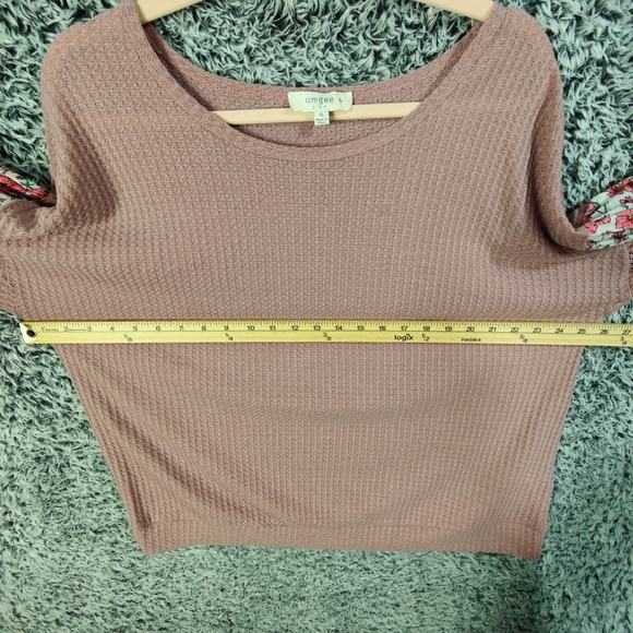 Umgee Womens XL Cottage Peasant Mauve Waffle Knit Floral Lace Puff Sleeve Top - Picture 4 of 7